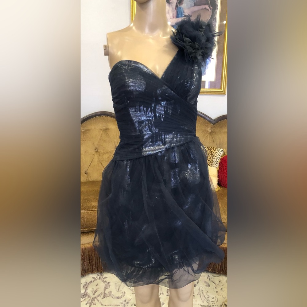 BCBGMaxAzria Navy One-Shoulder mini bubble Dress with tulle accents  size 2